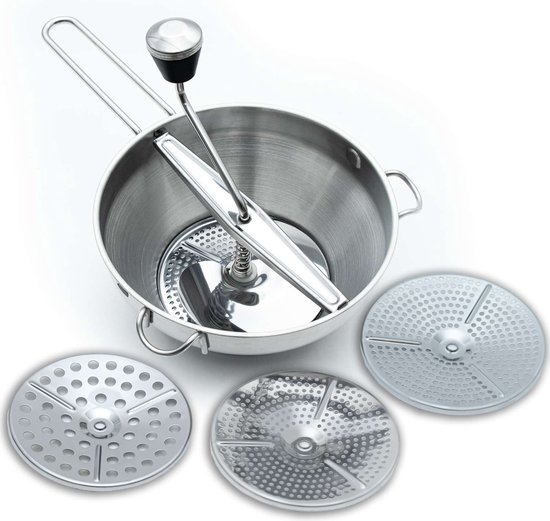 Intirilife Passier Broyeur inox avec 3 passoires - 18,5 / 11,5 x 8 cm - Presse à purée de Cuisine passoire passe au lave-vaisselle pour fruits légumes bouillie pour bébé soupe confiture