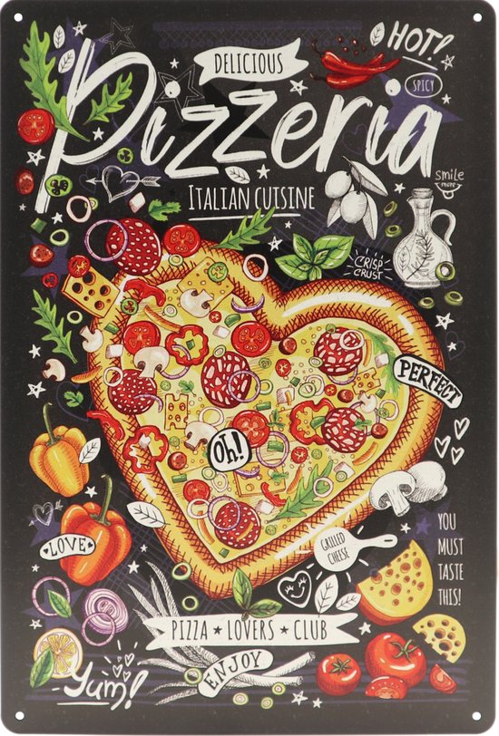 Wandbord – Pizzaria – Pizza - Italië - Vintage - Retro - Wanddecoratie – Reclame bord – Restaurant – Kroeg - Bar – Cafe - Horeca – Metal Sign - 20x30cm