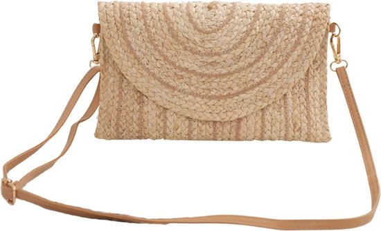 Foto: Schoudertas nica beige damestas beach stijl gevlochten stro magnetische sluiting clutch afneembare schouderband