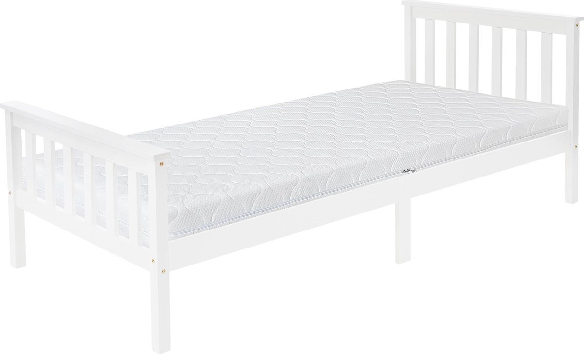 ml-design houten bed 90x200 cm Wit met matras H: 16cm, grenenhout, massief houten bedframe met lattenbodem en poten, eenpersoonsbed met hoofd- en voeteinde, bed voor kinderen en volwassenen