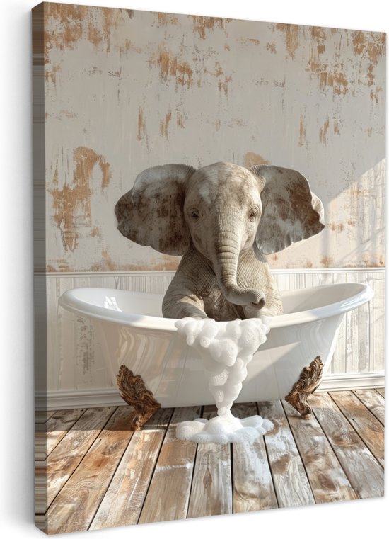 Tableau toile 30x40 cm - Décoration murale salle de bain Vintage - Eléphant - Baignoire - Mousse - Animaux sauvages - Décoration murale WC - Accessoires décoratifs - Décoration murale Toilettes - Peintures sur toile