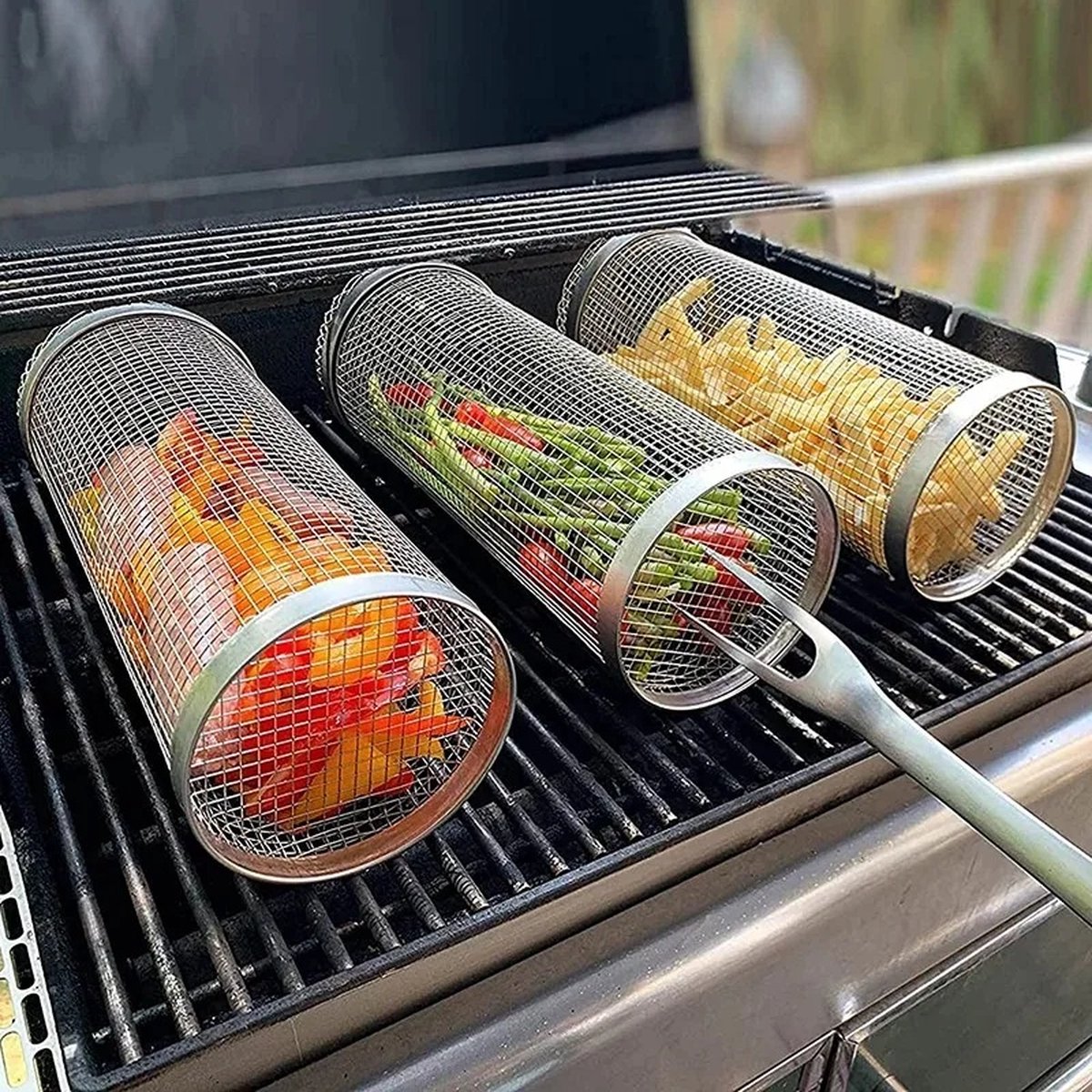 BBQ Rollende Grillmand - RVS - BBQ accessories - Camping - Barbecue Grillrooster - Kamperen & outdoor - 20 cm