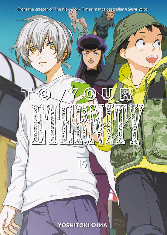 Deux garçons et quelques personnages sur la couverture de To Your Eternity 15.