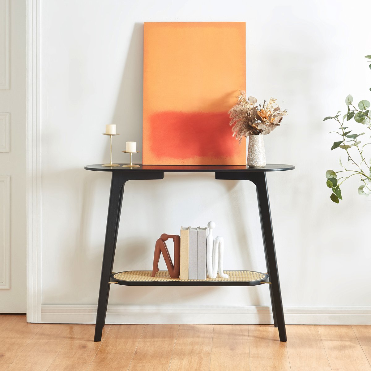 en.casa Console tafel Taivalkoski sidetable 80x35x100 cm zwart en rotan look [en.casa]