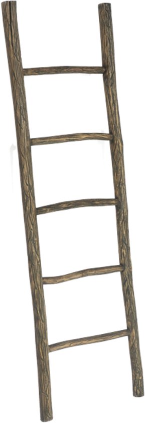 Decoratieve ladder van teakhout, 150 cm hoog, met een ruw, gesneden oppervlak in bruine tinten.