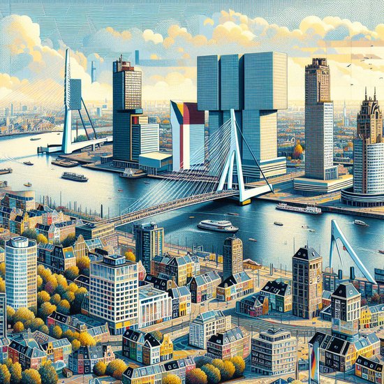 Acryl rotterdam schilderij | Rotterdamse skyline geregen met levendige kleuren en acrylverftechniek | Kunst - 40x40 centimeter op Canvas | Foto op Canvas