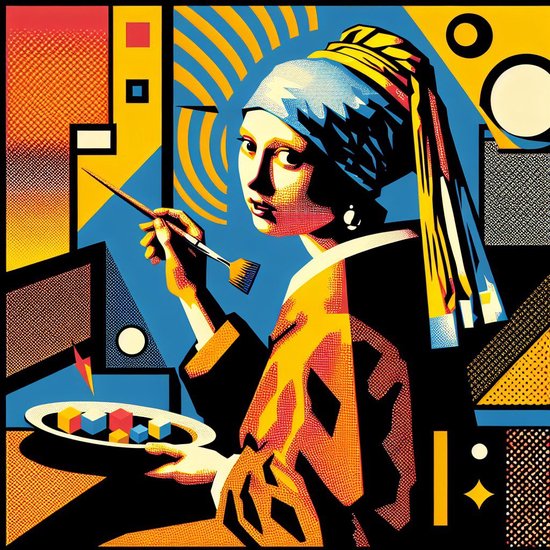 Pop art vermeer schilderij | Moderne interpretatie van Vermeers meesterwerk in levendige pop art | Kunst - 40x40 centimeter op Canvas | Foto op Canvas