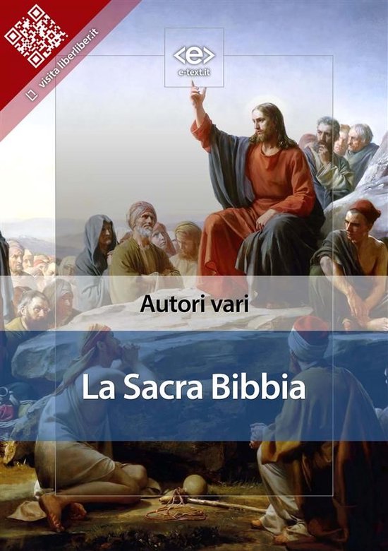 Boekomslag van 'La Sacra Bibbia' met een schilderij van Jezus die tot een menigte spreekt.