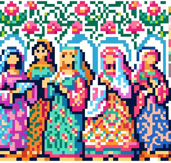 Pixel art dikke dames schilderij | Dikke dames dansen in pixel perfecte kunstwerk vol kleur | Kunst - 30x30 centimeter op Dibond | Foto op Dibond