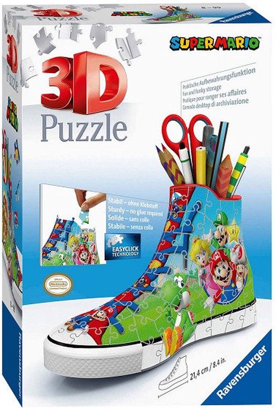 Doos van Ravensburger 3D puzzel sneaker met Super Mario, met details over de puzzel en een afbeelding van de voltooide sneaker.