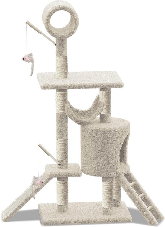 PawHut kattenkrabpaal, 114 cm, met hangmat en klimboom, natuurlijk hout