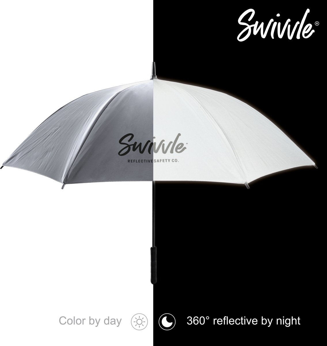 Swivvle® reflecterende paraplu - zilver - opvouwbaar - Stormparaplu enorm zichtbaar in het donker – 360° reflector panelen dubbele laag - Hoge kwaliteit – Glanzend zilver - Ø 105 cm - Luxe grip - Model Phyto