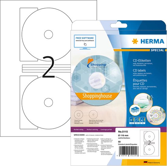 Verpakking van 50 witte, ondoorzichtige CD-labels met positioneringshulp. De CD-label in de verpakking heeft "Shoppinghouse" erop.