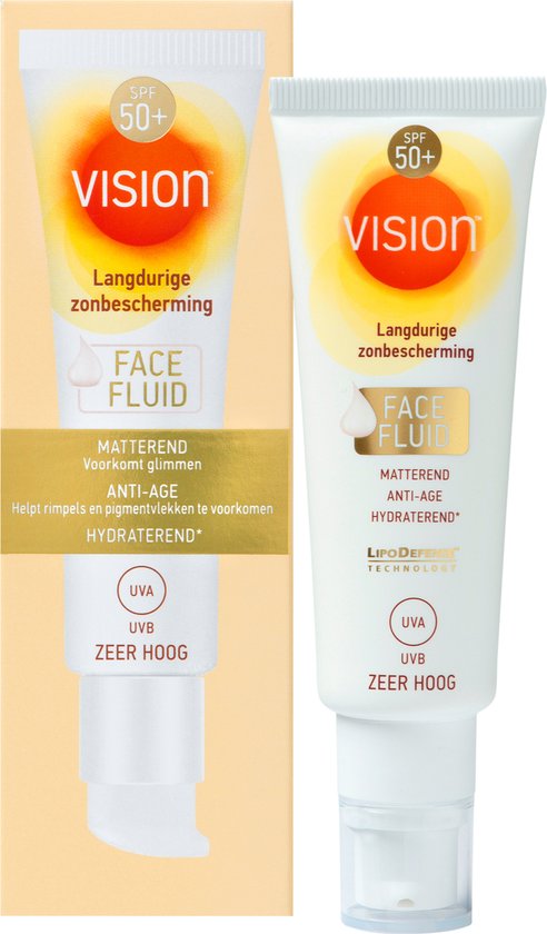 Een witte tube met "vision" logo, SPF 50+, Langdurige. De tekst "FACE FLUID" staat in een kader. De band eronder is goudkleurig met de tekst "MATTEREND, ANTI-AGE, HYDRATEREND".