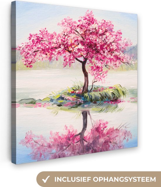Toile - Arbre fleuri - Sakura - Peinture à l'huile - Water - Nature - 90x90 cm - Peintures sur toile - Toile canvas - Décoration murale