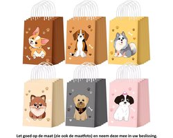 12 Papieren Zakjes - Honden – 6 designs - 2 stuks per design - 21x15x8cm – Gift Bag – Geschenkzakjes – Cadeau – Cadeauzakjes - Fournituren - Traktatie - Snoep - Koek - Dogs - Dog - Bot - Hondenpoot