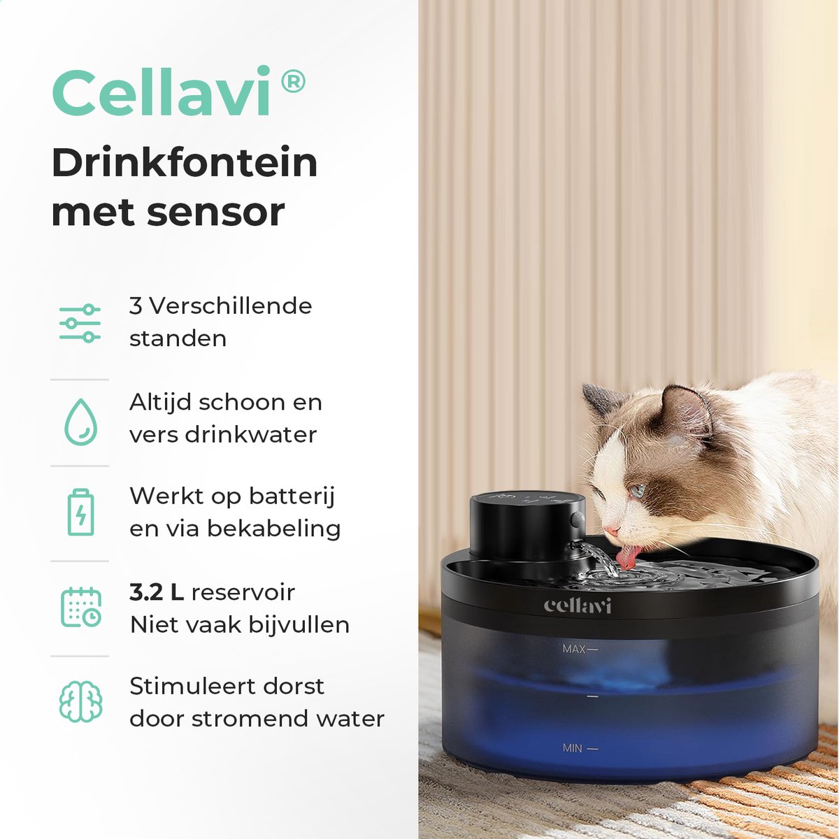 Cellavi R2A - Draadloze Drinkfontein Kat met Sensor - Waterfontein Katten & Honden - Kattenfontein Draadloos - 5200mAh Batterij - Fluisterstil - 3.2L thumbnail 6