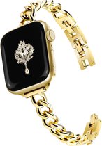 Gouden Apple Watch band met schakels en een gouden versiering van strass steentjes.