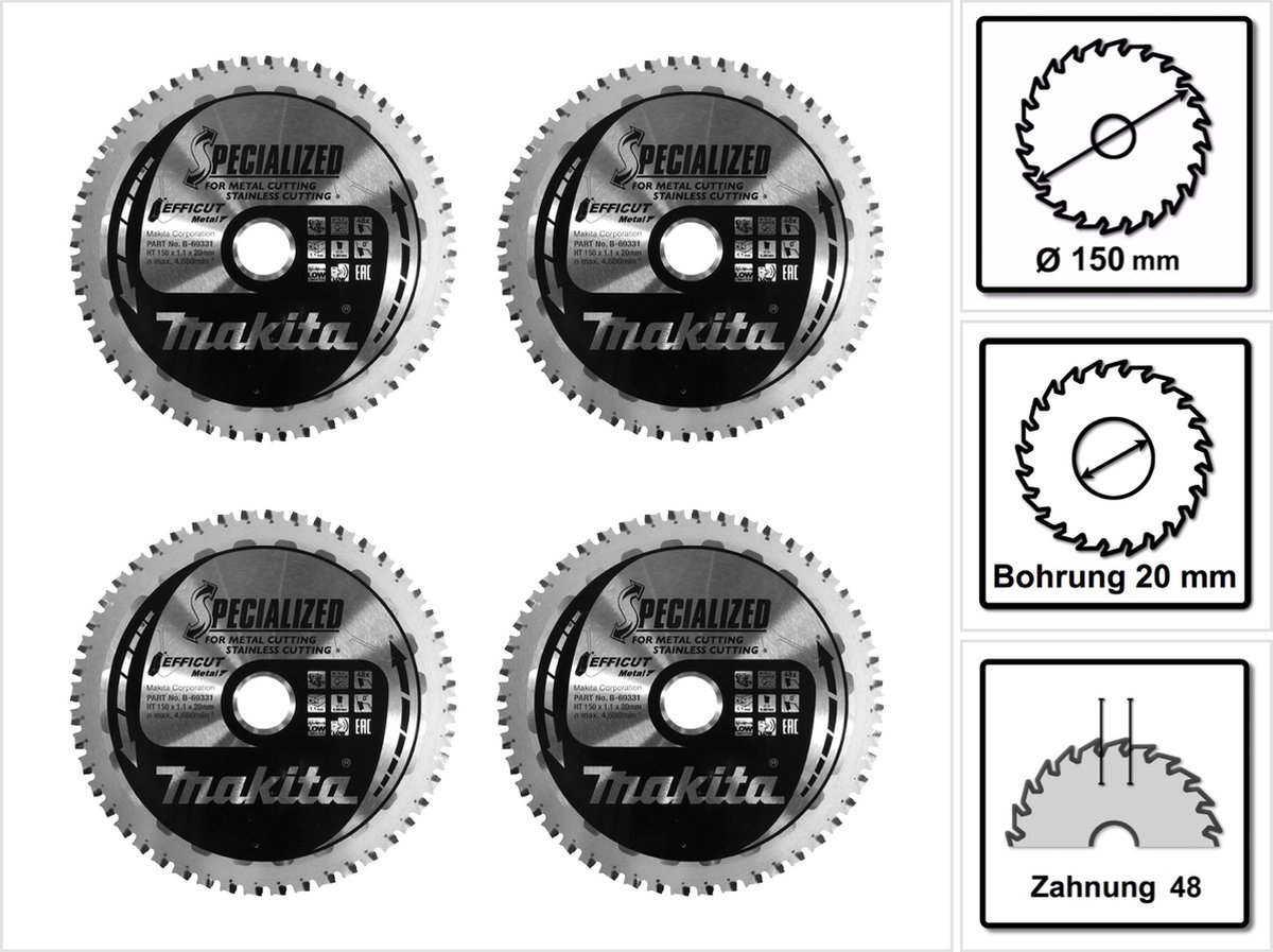 Makita MCCS15048E SPECIALIZED EFFICUT zaagblad 150 x 20 x 1,1 mm 4 stuks ( 4x B-69331 ) 48 tanden voor metaal