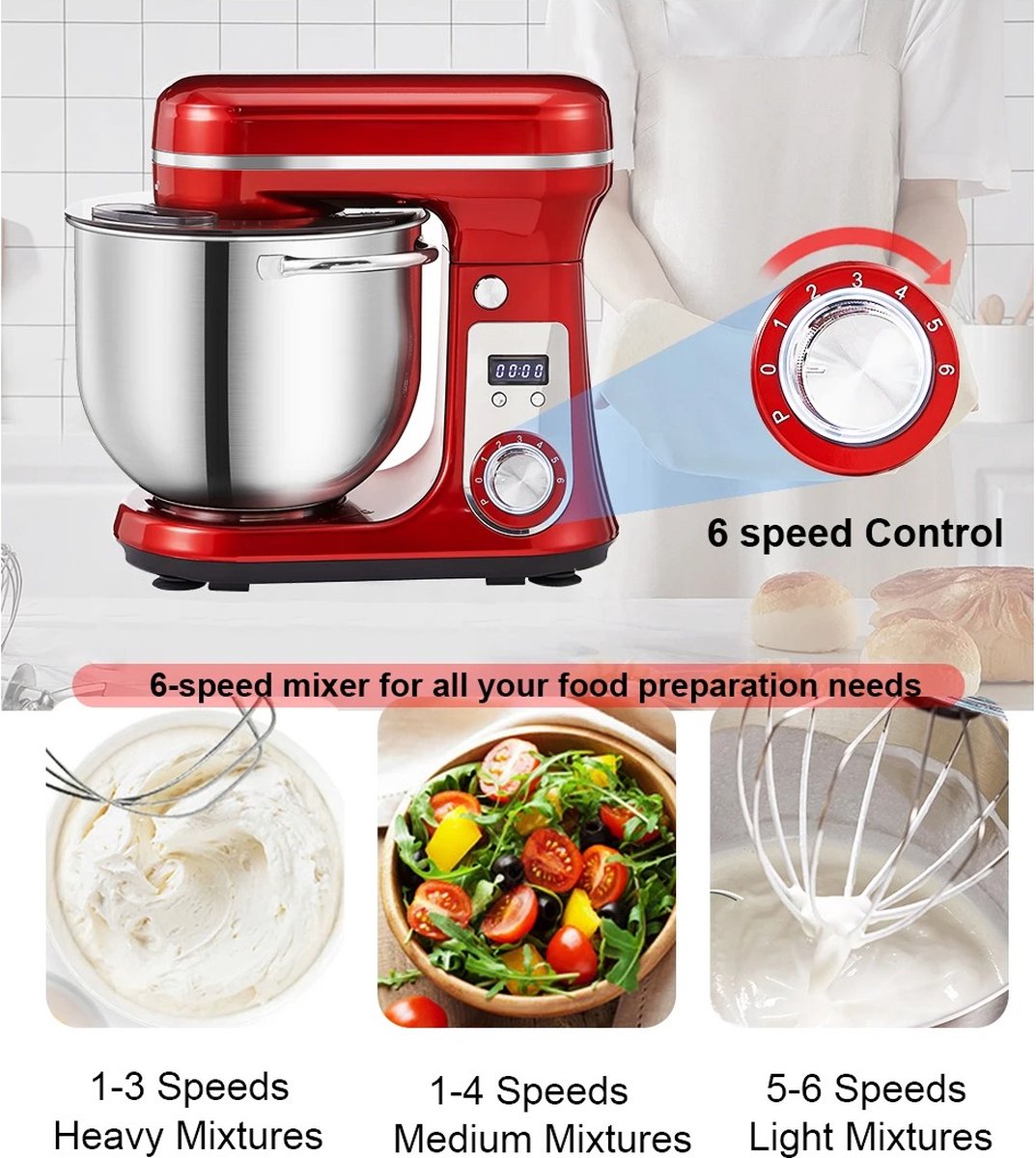 Biolomix Keukenmachine - Keukenmixer - Foodprocessor - Mixer - Blender - Stille motor - Keukenmachines - Mixer met mengkom - Mixers - 6L kom - 1200W - Grijs — afbeelding 6