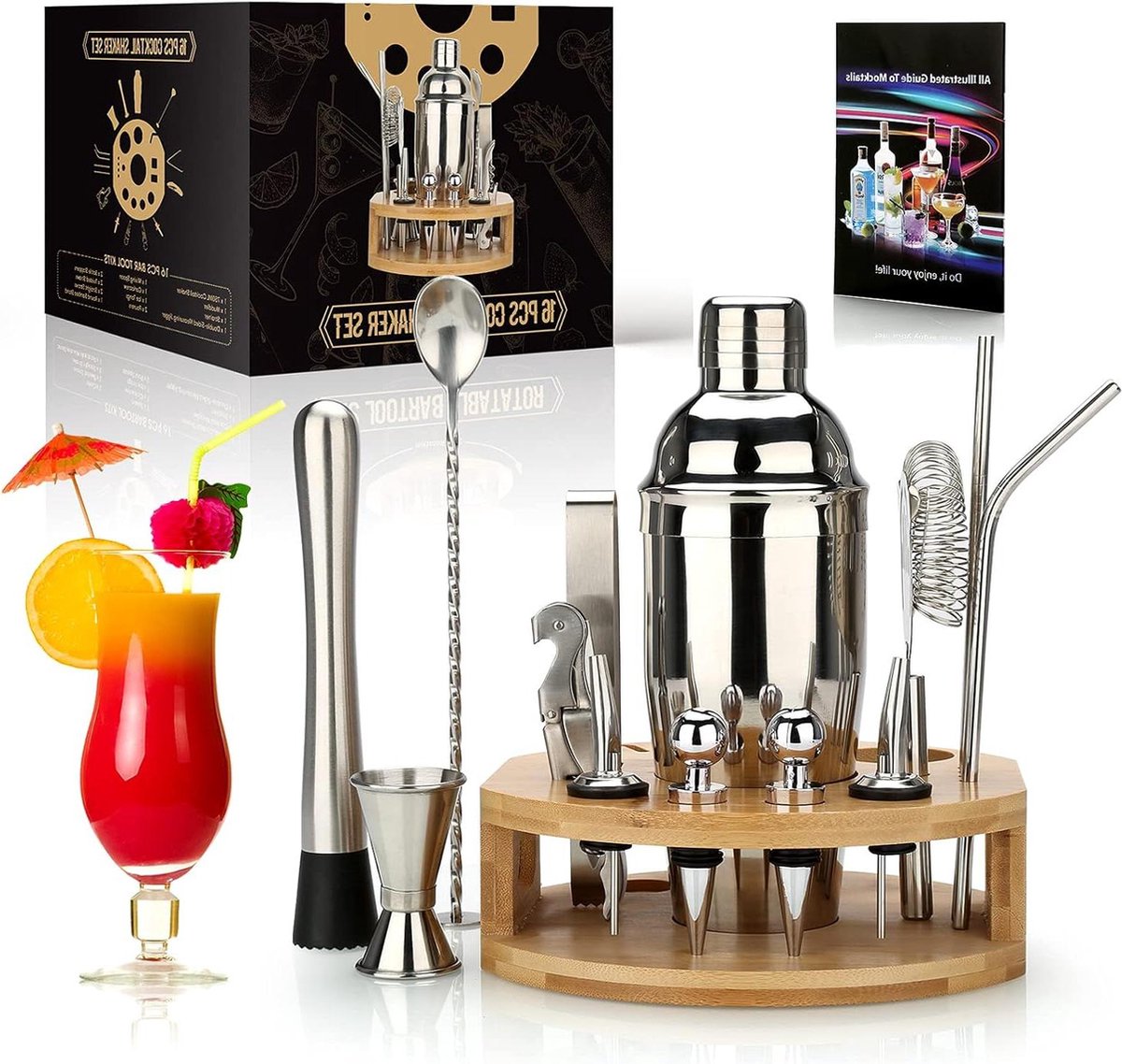 Cocktailshaker Set 25 oz 16-delige Mixology Bartender Kit met Bamboo Stand RVS Bartending Kit Perfect Home Bar Tool Gift Set dranken mixen