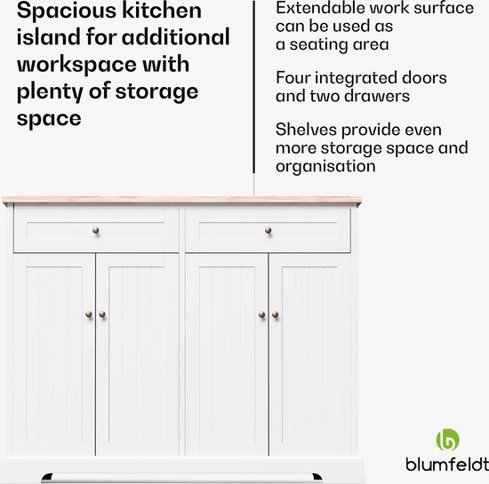 Blumfeldt Etsu Îlot de cuisine Plan de travail extensible 2 tiroirs 4 Portes Peut servir de table à manger Espace de rangement - Wit