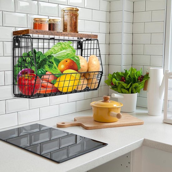 HATANSE Fruitmand met 2 verdiepingen, hangend, etagère, fruitschaal, hangmand, keuken, zwart metaal, wandmand met houten deksel, stapelbaar en wandmonteerbaar, voor het opbergen van groenten (zwart, 2