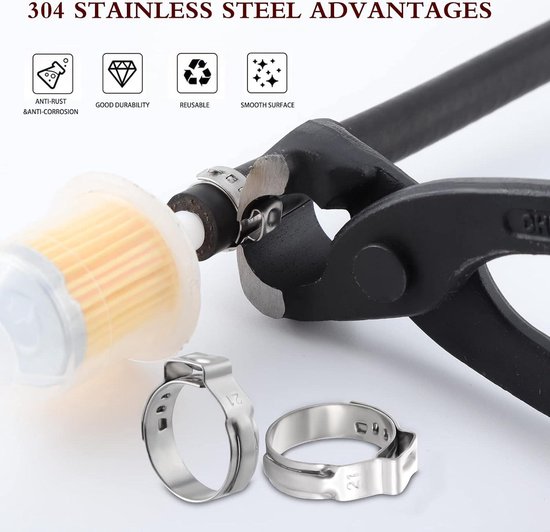 QLOUNI Slangklemmen, 50 stuks, roestvrij staal, met slangklemtang, slangklemmen, set 7 maten, buis-slangklem, brandstofleidingclip voor zwembadslang, tuinslang
