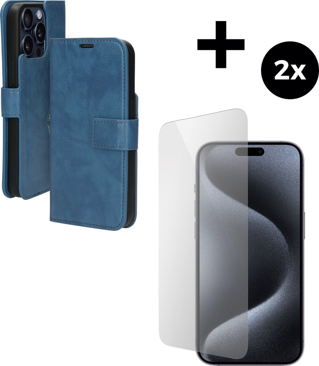Mobiparts Classic Wallet hoesje geschikt voor Apple iPhone 15 Pro Max met 2 Screenprotectors van Gehard Glas - Blauw