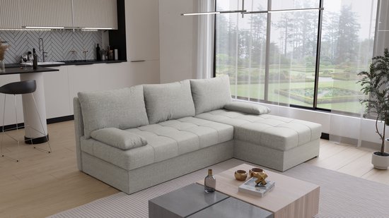 Hoekbank Rabat - Universeel - Stof - Beige Naturel - Slaapbank met opbergruimte - Links of Rechts - Direct Leverbaar - Hoekzetel - Chaise longue - Zetel met slaapgedeelte - 3 zits - Zitcomfort stevig