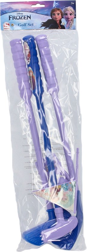 Disney Frozen golfset in verpakking, met paarse en blauwe clubs en Elsa en Anna afbeeldingen.
