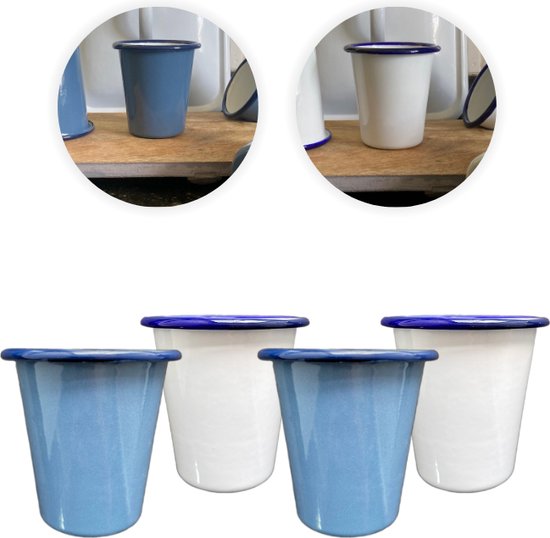 Tasses émaillées - Mugs émaillés - Services de table émaillée - Wit et vieux bleu - 8 pièces