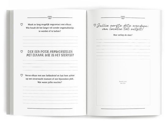 Open bucketlist boek met opdrachten zoals 'Doe een potje armworstelen met elkaar' en 'Verras elkaar met een liefdesbrief'.