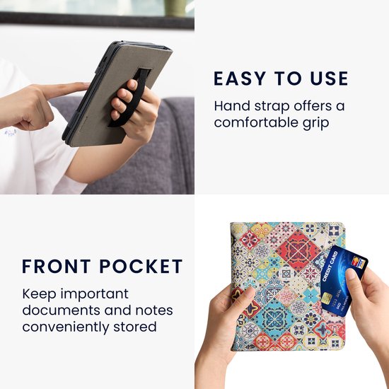 kwmobile flip cover geschikt voor Onyx Boox Leaf 2 - Hoes met handgreep en voorvak voor e-reader - Book case in meerkleurig / bruin - Oriëntaalse Tegels design van kwmobile — afbeelding 4