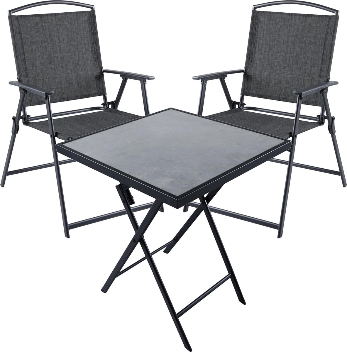 BRUBAKER Bergamo Tuinzitgroep, 1 klaptafel, vierkant, met 2 stoelen met hoge rugleuning, weerbestendig en ruimtebesparend, tuinstoelen, campingstoelen met tafel voor balkon en terras, donkergrijs