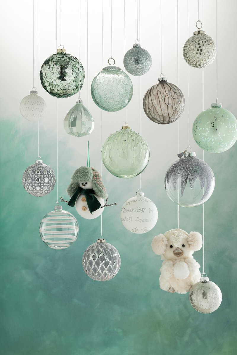 J-Line kerstbal Glitter Mini Kwast - glas - grijs/transparant - large - doos van 4