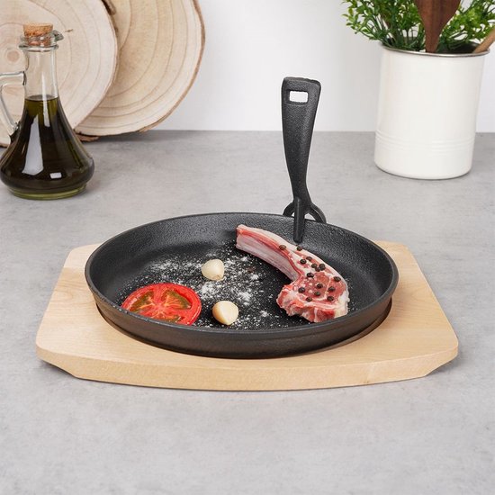 KAISERTAL Serveerpan gietijzer, 16 x 11 cm, pan met 2 handgrepen en houten onderzetter, serveerpan, kleine inductie, gietijzeren pan, ovaal, voor oven en grill (vierkant, 2 stuks
