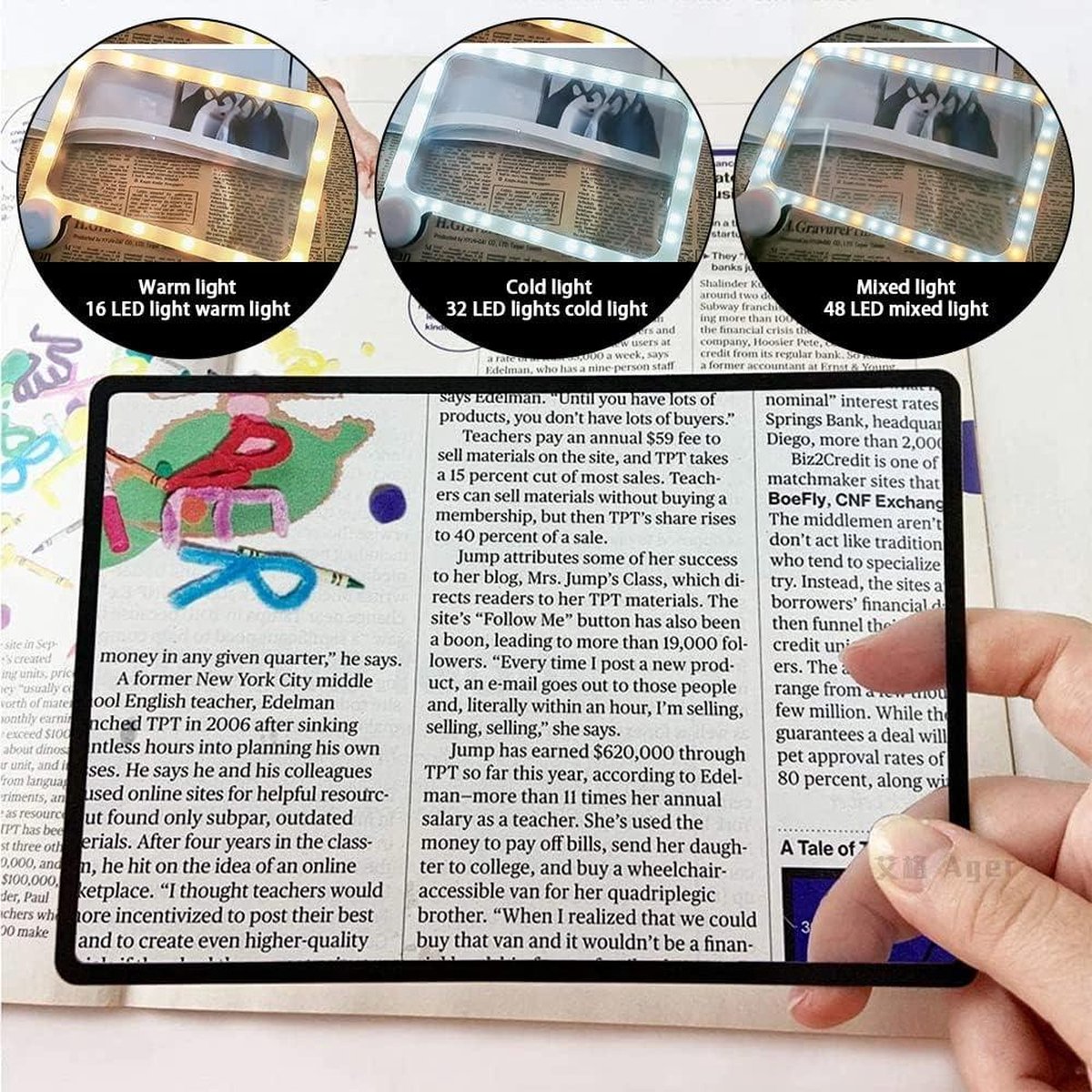 Vergrootglas met licht, inklapbare leesloep met 5 ledlampjes, 3-voudige grote rechthoekige leesloep, 2 modi, dimbaar, vergrootglas voor senioren, krant, boeken, hobby, inspectie, medicijnfles