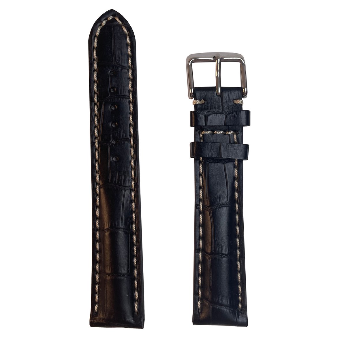 Horlogeband - 20mm - Zwart ( Dik met witte stiksels ) - Echt leer in croco print - Roestvrijstalen gesp