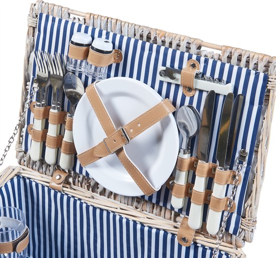 Panier pique-nique Lumparland avec contenu pour 4 personnes 42x28x20 cm blanc naturel et bleu casa.pro