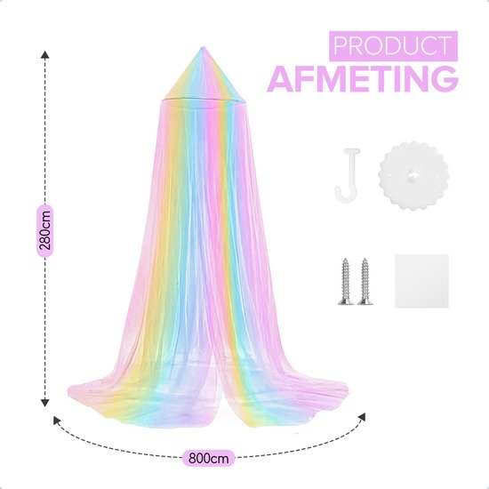 Regenboog klamboe met afmetingen van 280cm hoog en 800cm omtrek. Bevat montagemateriaal. Tekst 'PRODUCT AFMETING' is zichtbaar.