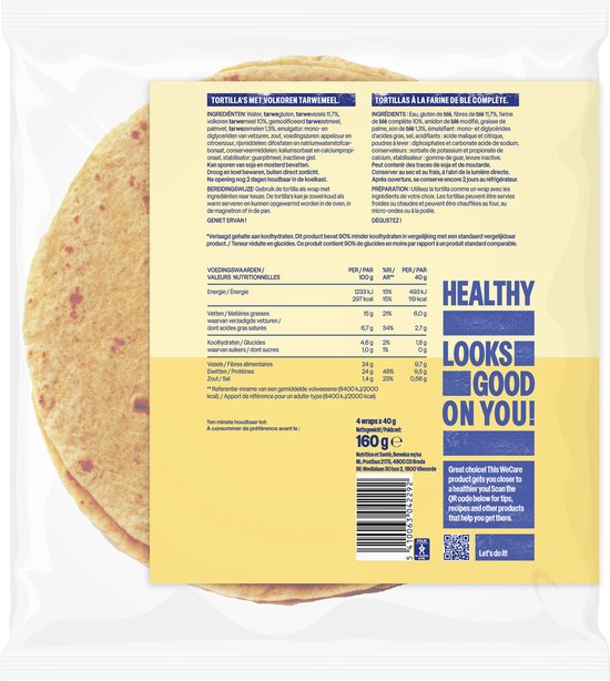 Verpakking van vier hele tarwetortilla's, met gedetailleerde voedingsinformatie en merklogo.