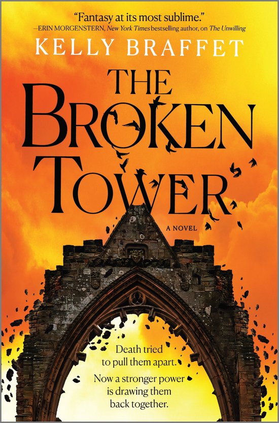 Boekomslag: een ruïne tegen een oranje zonsondergang met vliegende vogels en de titel The Broken Tower.