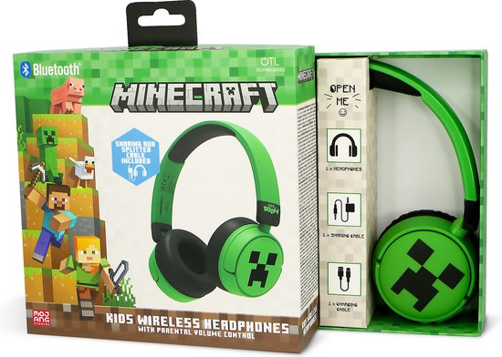 Minecraft draadloze koptelefoon in groen en zwart met Creeper-print, in de verpakking.