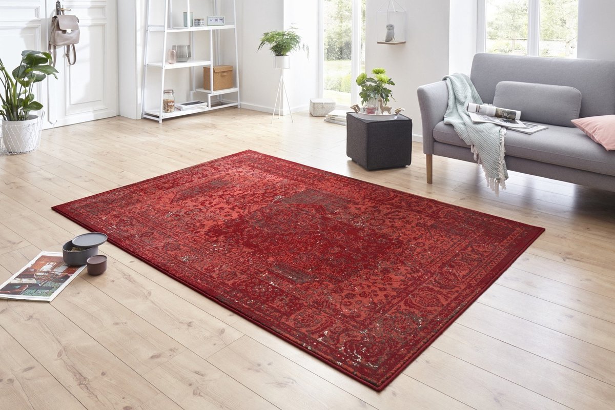 flycarpets Vintage Patchwork Laagpolig Vloerkleed - Kirie - Rood - 80x250 cm