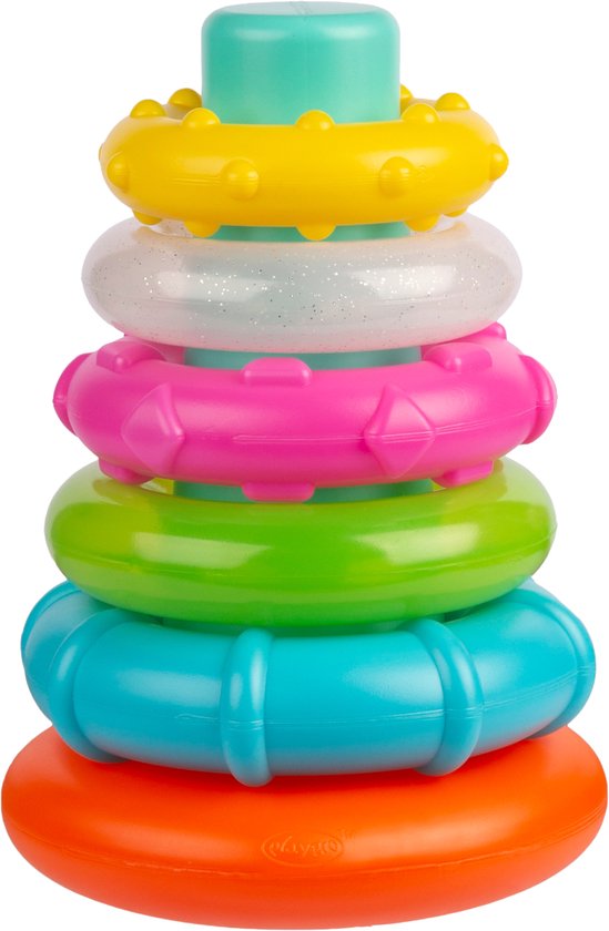 Gekleurde Playgro Sorteer en Stapel Toren met 6 ringen: oranje, blauw, groen, roze, glitterwit, geel en een turkooizen bovenkant.