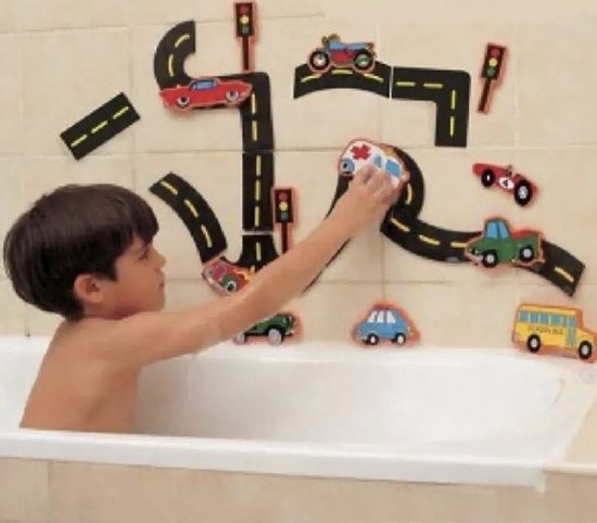 Foto: Badspeelgoed auto s wegen foam verkeerset zeer compleet 23 delig speelgoed voor in bad auto wegen maken voor jongens meisjes wegen bouwen muur plakken educatief traffic toys bathroom toys 