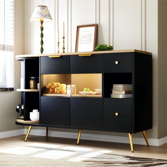 Buffet Sweiko, Salle à manger Salon, Armoires de rangement avec portes coulissantes en verre et éclairage LED , Armoires en bois, Armoires autoportantes, Armoires buffet, Meubles de cuisine, Zwart