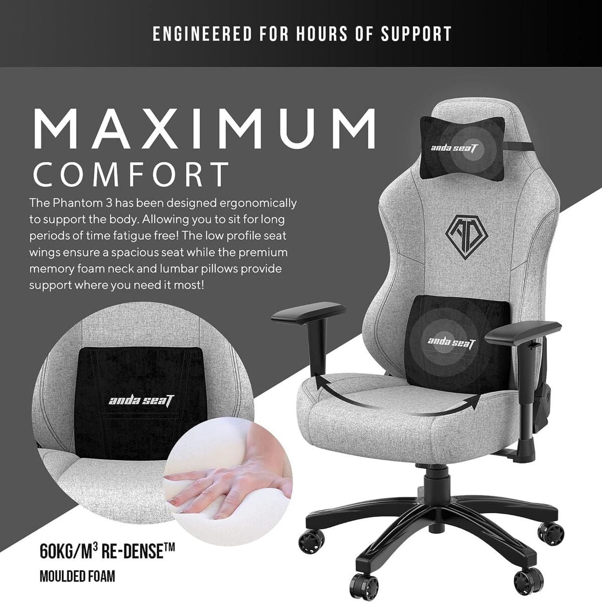 Andaseat Phantom 3 Gamingstoel Grijs Ergonomisch - afbeelding 2