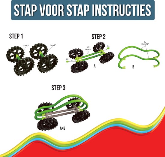 Stap-voor-stap instructies voor het bouwen van een buggy met wielen, groene buisjes en koppelstukken.
